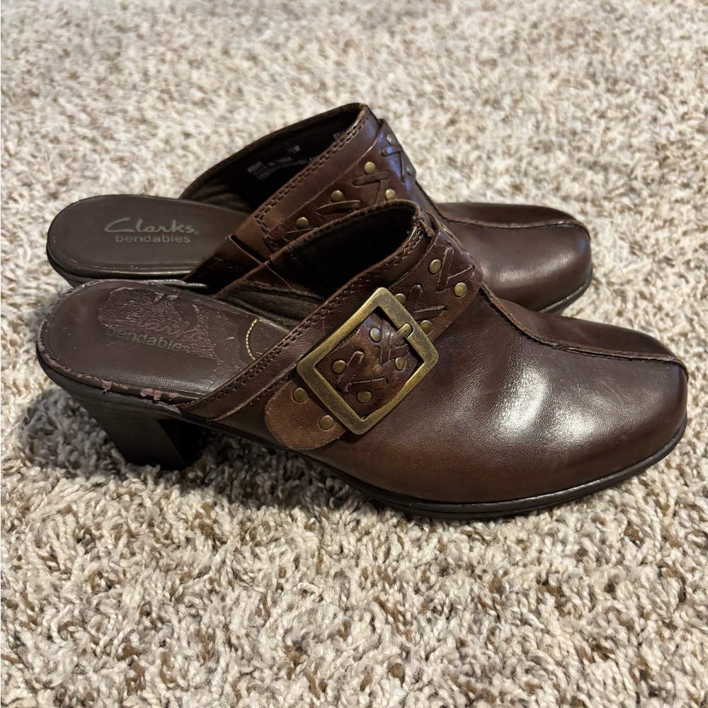 Clarks Women's Dark Brown Leather Clogs with Buckle